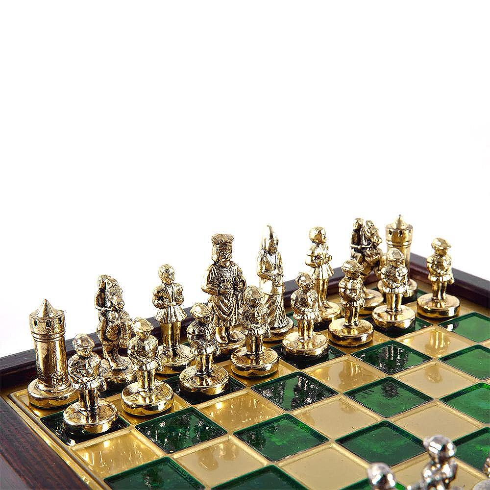 Мини луксозен шах Manopoulos - Византийска империя, зелени полета, 20х20 см