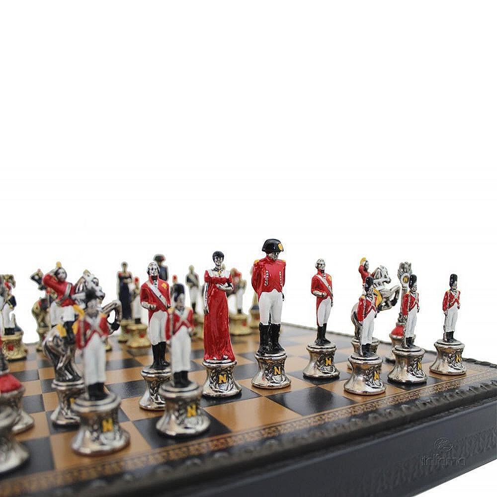 Италиански комплект шах и табла Italfama - Наполеон, кожена кутия, 35x35x4.0см