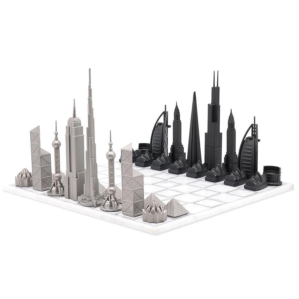 Луксозен шах Skyline Chess - Stainless Steel World Icons Edition, с дървена дъска-Copy