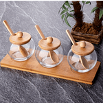 Комплект стъклени буркани с дървени капаци и лъжички с модерен дизайн