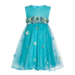 Луксозна детска рокля с 3D цветя в тюркоазен цвят