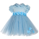 Светло синя официална бебешка рокля за кръщене 3D цветя 