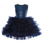 Приказна детска рокля с пайети и волани в тъмно синьо