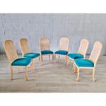 Newly Upholstered French Vintage Whitewashed Cane Back Dining Chairs - Set of 6