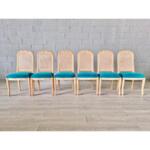 Newly Upholstered French Vintage Whitewashed Cane Back Dining Chairs - Set of 6