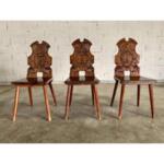 Antique Swiss Alpine Walnut Hall Chairs From 19th Century - Set of 3