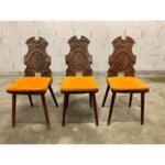 Antique Swiss Alpine Walnut Hall Chairs From 19th Century - Set of 3