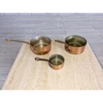 Set of 3 Antique French Copper Kitchen Pots Saucepans