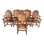 Incredible Carved Massive Jacobean Style Original Leather Armchairs - Set of 10