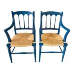 Vintage Dutch Ocean Blue Rush Seat Dining Armchairs - a Pair