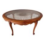Vintage French Carved Oak Cane & Glass Oval Top Coffee Table, 1950s