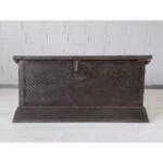 Antique Flat Top Hand Carved Wood Trunk, Late 18 Early 19th Century