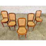 French Vintage Mid Century Cane Seat and Back Dining Chairs - Set of 5