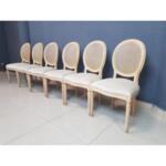 Set of 6 - French Louis XVI Style Medallion Whitewashed Cane Back Reupholstered Dining Chairs