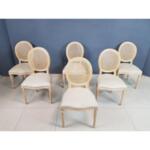 Set of 6 - French Louis XVI Style Medallion Whitewashed Cane Back Reupholstered Dining Chairs