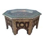 Engraved Metal Wooden Moroccan Octagonal Center Table With Glass Top, Sirca 1960s