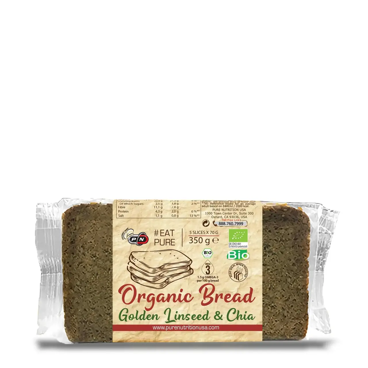 Хляб със златно ленено семе и чиа, 350g, Pure Nutrition
