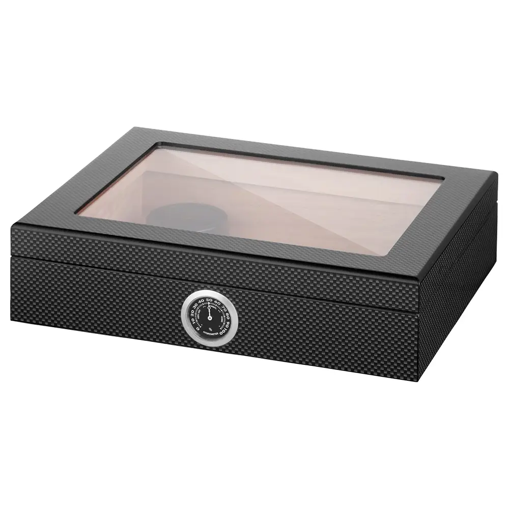 Кутия за пури (хумидор) Angelo, прозрачен капак, с влагомер и овлажнител, карбонова текстура
