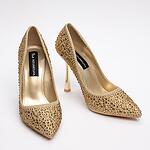 Дамски елегантни обувки с камъни метален ток кожа златни YES-99431