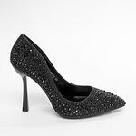 Дамски елегантни обувки с камъни метален ток кожа черни YES-99431