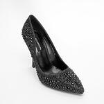Дамски елегантни обувки с камъни метален ток кожа черни YES-99431