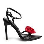 Дамски сандали еко кожа сатен черни червена роза с камъни YES-8029