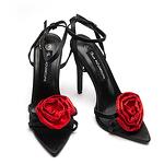 Дамски сандали еко кожа сатен черни червена роза с камъни YES-8029