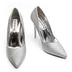 Дамски елегантни обувки със ситен брокат еко кожа сребърни 4503-16