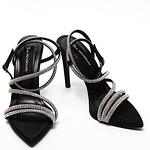 Дамски сандали на ток от естествена кожа каишки с камъни черни 0371