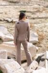 Women Beige Suit Two Piece Cotton Soft Fabric Elegant Style Business Attire Premium Design Feminine Jacket Trousers Flare Leg Premium Set