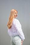 Women White Zipped Bomber 3D Flowers Fabric Feminine Design Women Autumn Fashion Unique Style Exclusive Jacket Premium Streetwear Chic