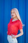 omen Red Cut Lace Blouse T-shirt Short Sleeve Regular Fit Ruffled V-neck Exclusive Design Premium Quality Women Fashion Style Elegant Chic