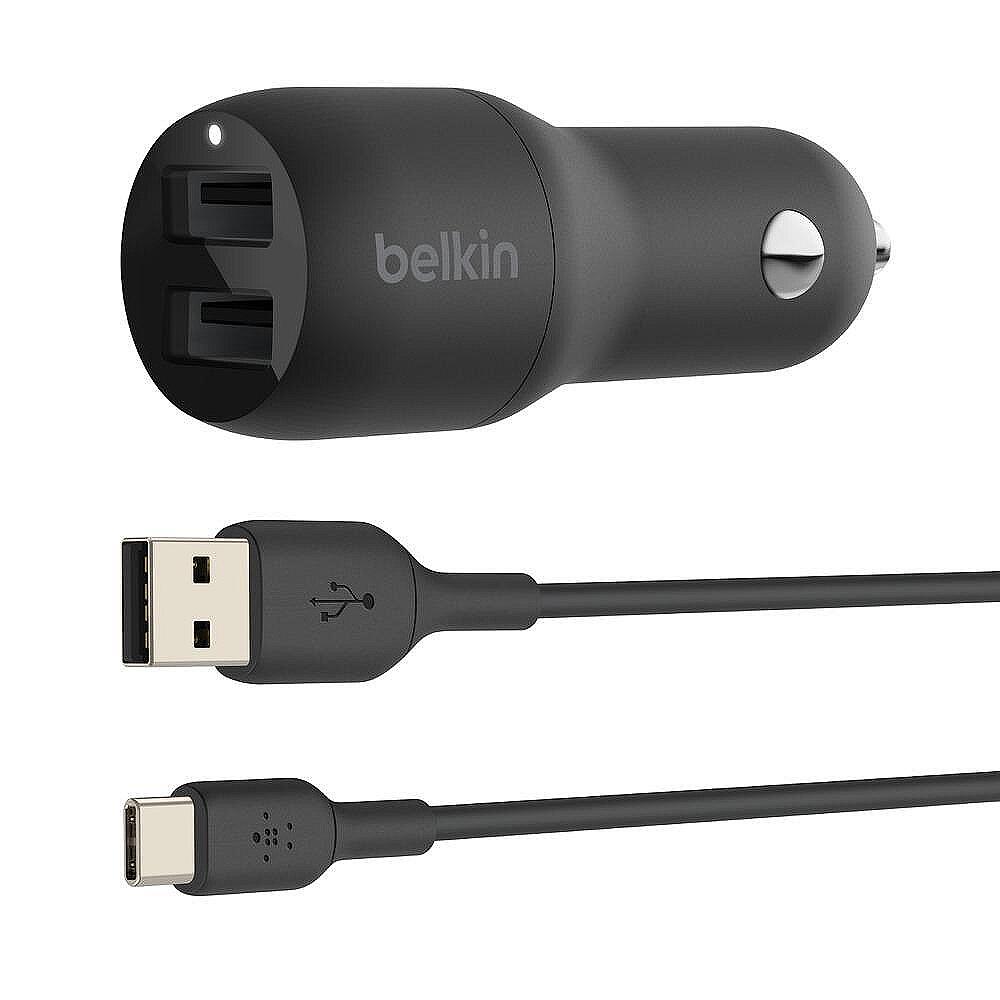 Зарядно за кола Belkin BOOST CHARG Dual USB-A 24W + USB-A to USB-C Cable, Черен