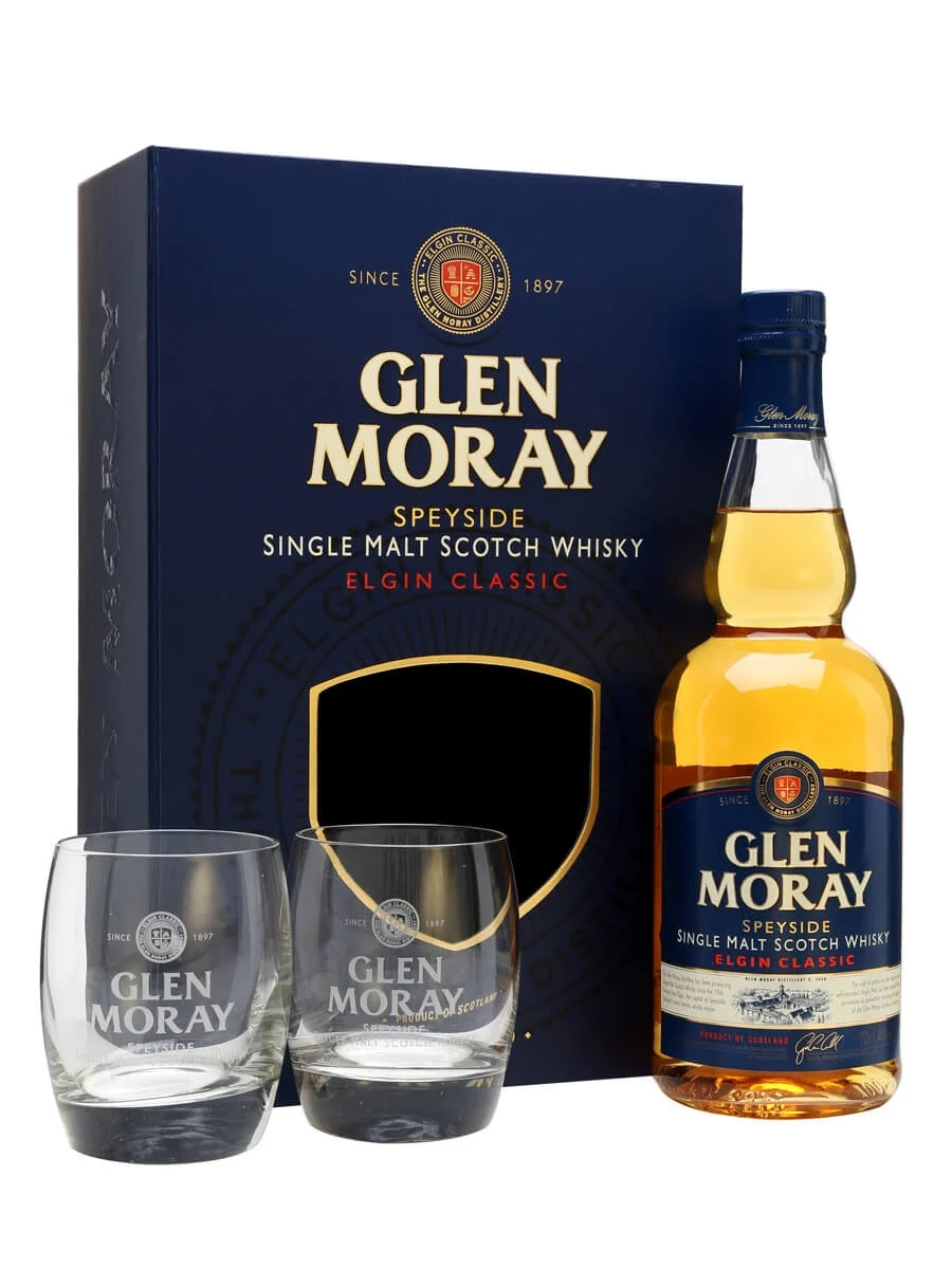 Подаръчен комплект Малцово уиски Glen Moray Classic 0.7L, 2 чаши