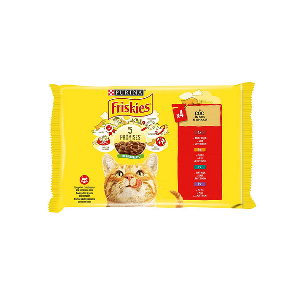 Purina Friskies Multipack Meat – с различни видове месо / говеждо, пиле, патица, агнешко /, хапки в сос 4 х 85 гр.