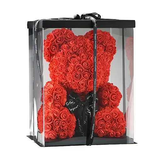Червено мече от рози в луксозна кутия с пандела