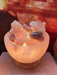 Лампа от хималайска сол 2 кг - купа с кристали и дървена основа, кръгла