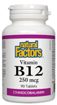 Natural Factors, Витамин B12, цианокобаламин, 250 микрограма, 90 таблетки