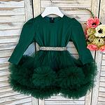 Официална детска рокля от тюл с ръчно декорирани елементи в тъмно зелен цвят