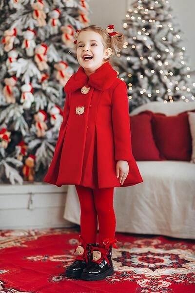 Детско червено палто за момиче с мечета
