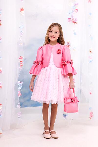 Детска елегантна рокля с болеро и чантичка в розово