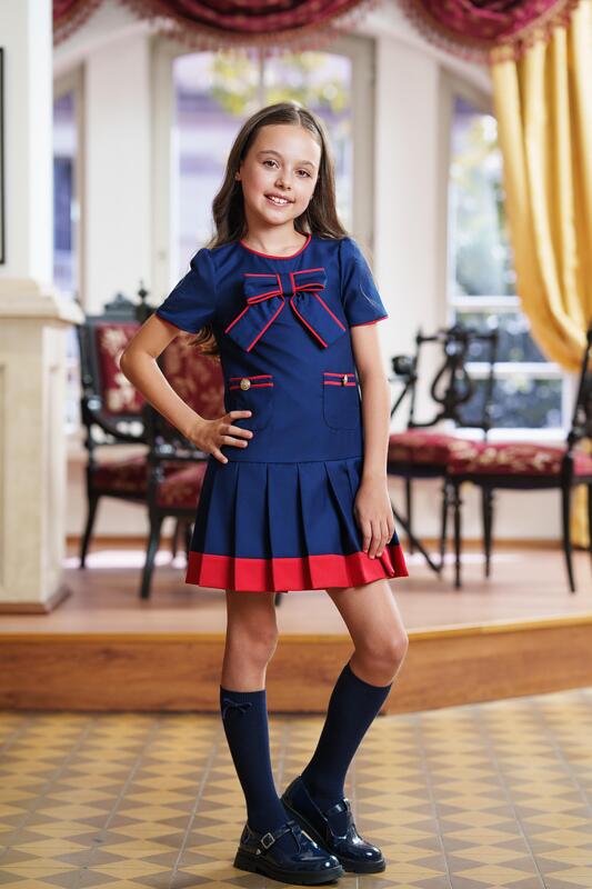 Луксозна тъмносиня рокля с червени акценти