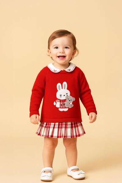 Детска рокля в червено с апликация зайче и каре