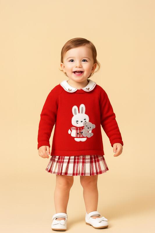 Детска рокля в червено с апликация зайче и каре