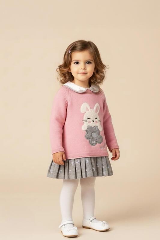 Детска рокля в бежово с апликация мече и каре-Copy