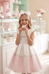 Официална детска рокля в бяло и розово с голяма панделка