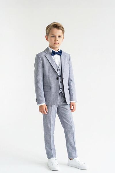 Официален детски костюм от 4 части – тъмносиньо-бял меланж