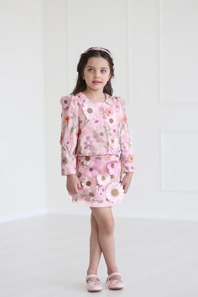 Луксозна детска пола с 3D цветя – розова