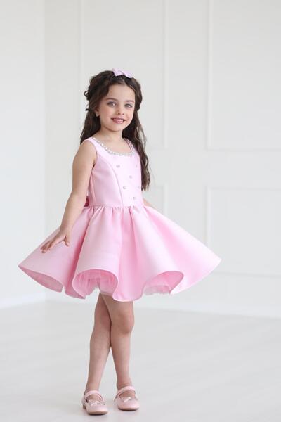 Луксозна детска рокля с панделка и камъни – розова