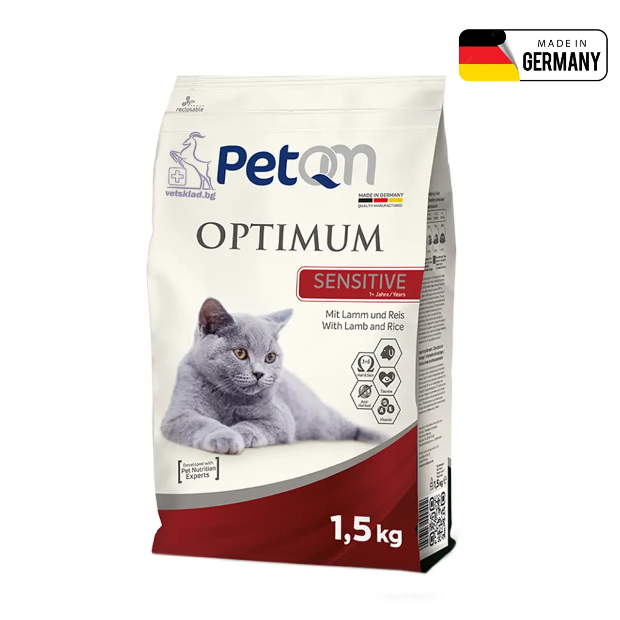 Суха храна за котки PetQM Optimum Sensitive - С агнешко и ориз
